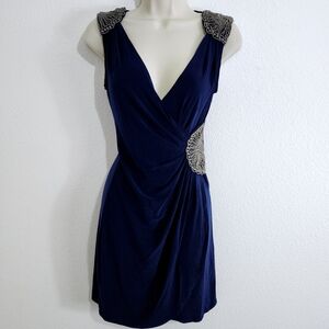 HOLIDAY PARTY Beaded Detail Blue Grecian Cocktail Dress